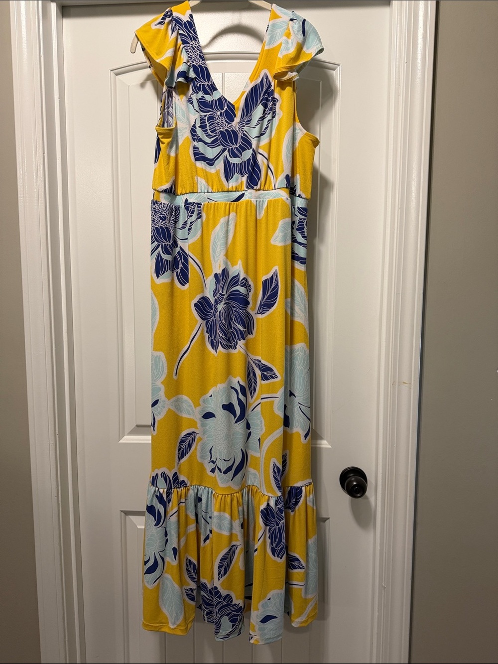 IMAN Yellow Maxi Dress with Blue Floral Print